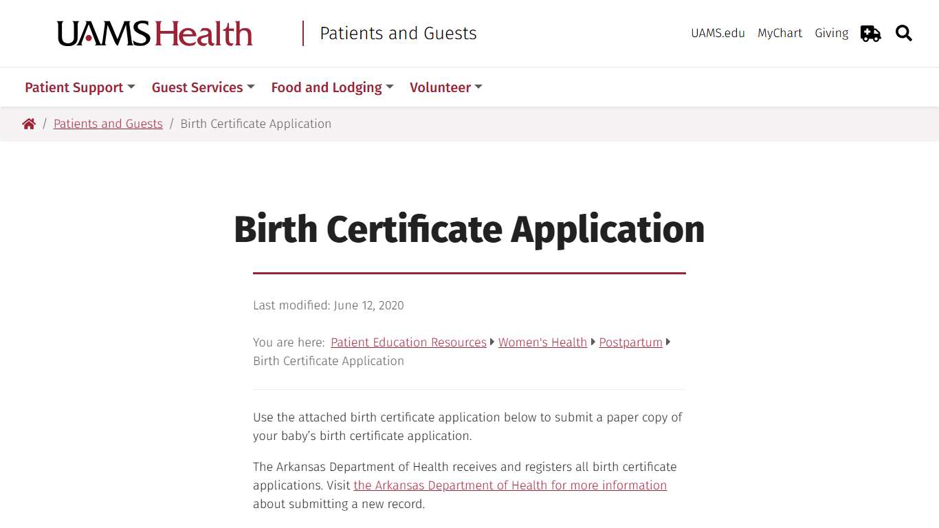 Birth Certificate Application | UAMS Health